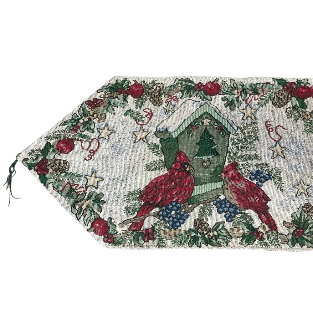 Christmas Cardinal Table‎ Runner Vintage Birdhouse Holly Red Birds Festive Decor